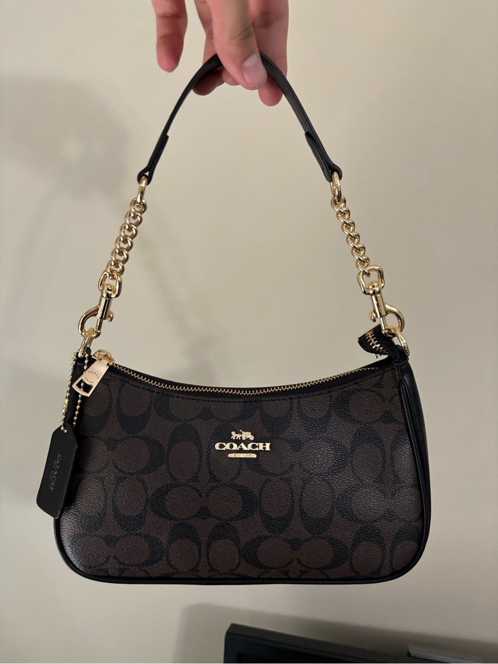 Coach Brown Signature Canvas Mini Shoulder Bag with Gold Hardware